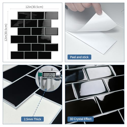Black Peel and Stick Backsplash Subway Tile for Kitchen 10-Sheet - color: Black