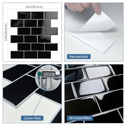 Black Peel and Stick Backsplash Subway Tile for Kitchen 10-Sheet - color: Black