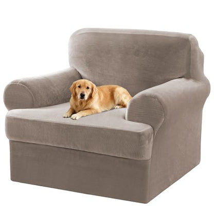 2 Pieces T Cushion Chair Covers with Arms Thick Velvet Couch Cover Stretch T Cushion Sofa Covers for Living Room Chair Cover with Individual T Cushion Covers , Washable (1 Cushion Chair, Taupe) - color: Taupe, size: Armchair (1 Cushion)
