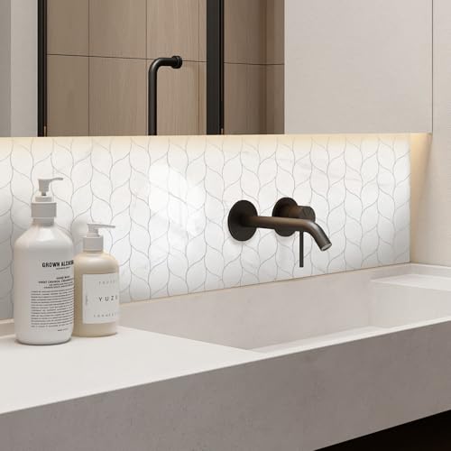 Tilingview 10-Sheet Peel and Stick Backsplash Tile for Kitchen, Self-Adhesive Mosaic Glossy Leaf Stick on Wall Tile with Gaps (Calacatta White) - color: Leaf Gaps Calacatta White