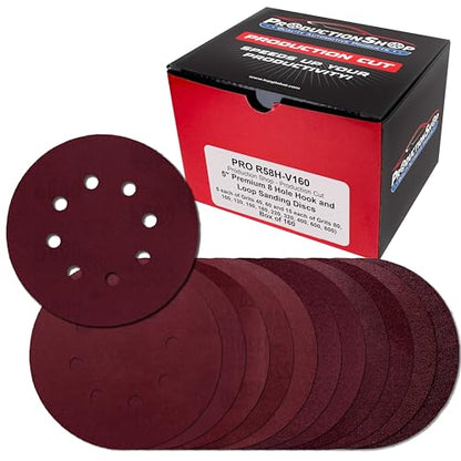 ProductionShop 5" Red 8-Hole Pattern Sanding Discs, 160 Disc Variety Pack, Grits 40, 60, 80, 100, 120, 150, 180, 220, 320, 400, 600, 800 - Hook & Loop Sandpaper, Random Orbital Sanders - Woodworking - style: Variety Pack 160