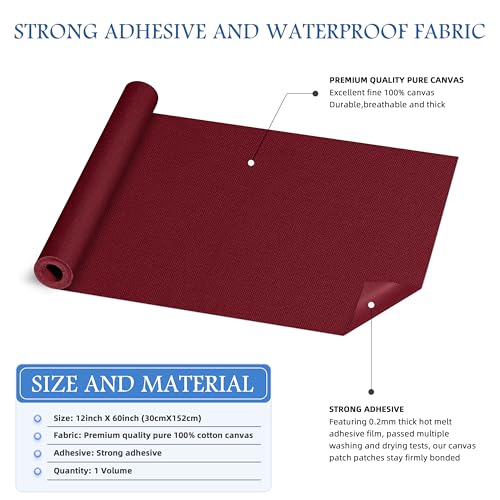KING MOUNTAIN Canvas Iron on Patch,12"×60",Waterproof 100% Cotton Fabric Repair Patch,Used for Various Sofa,Tent,Clothes,Seats,Suitcases (Burgundy,Waterproof) - color: Burgundy, size: Canvas-12x60