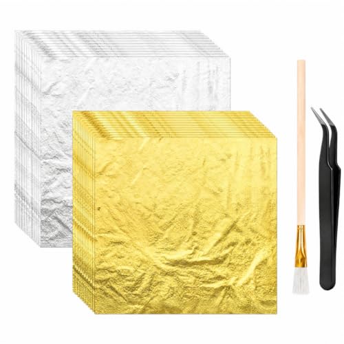 Dicunoy 200 PCS Gold Leaf Sheets, 5" Foil Sheets for Art DIY Crafts Silver