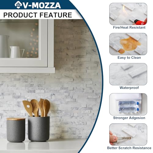 5-Sheet Real Stone Peel and Stick Backsplash — 3D Linear Marble Mosaic, 8mm Thick Solid Natural Stone Tiles for Kitchen, Fireplace & Vanity (11.5"x10.7", Mixed Gray) - color: Carrara white