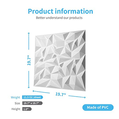 Art3d Textures 3D Wall Panels White Diamond Design for Interior Wall Decor Pack of 12 Tiles 32 Sq Ft (PVC)
