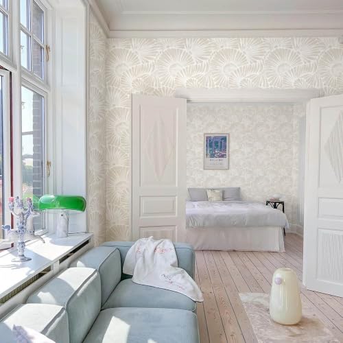 Ismoon Beige Wallpaper Peel and Stick Wallpaper Boho 17.3in x 16.4ft Neutral Removable Modern Geometric Wall Paper for Bathroom Bedroom Nursery Home Wall Waterproof Vinyl - color: Beige and White, size: 17.3" x 197"
