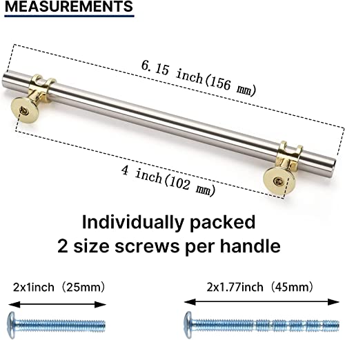 Kitchen Cabinet Handles 4 Inch 10 Pack, Brushed Nickel and Gold Cabinet Pulls, Silver Gold Drawer Pulls for Dresser Bathroom Two Tone Kitchen Hardware, Zinc Alloy Base - color: Brushed nickel&Gold, size: Hole Center:4 Inch (102mm)