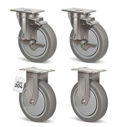 5" Caster Wheels, Stainless Steel Casters Set of 4 Heavy Duty, Anti-Corrosion Rubber Industrial Caster Wheels for Hospitals Food Labs(2 Brake& 2 Rigid) - style: 2 Brake&2 Rigid