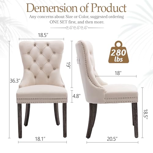 Beige Velvet Dining Chairs Set of 6, Elegant Tufted & Nailhead, Wood Legs - color: Beige, Wood Leg, size: set of 6