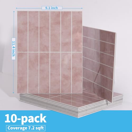 Art3d 11.4 x 9.1 in Faux Marble Peel and Stick, Backsplash Tile, Pink - color: Pink