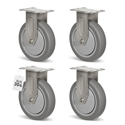 5" Caster Wheels, Stainless Steel Casters Set of 4 Heavy Duty, Anti-Corrosion Rubber Industrial Caster Wheels for Hospitals Food Labs(4 Rigid) - style: 4 Rigid