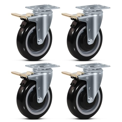 5" Caster Set of 4, Heavy Duty Industrial Caster Wheels, Polyurethane Shopping Cart Wheels Replacement for Furniture Equipment (4 Total Lock Brake) - style: 4 Total Lock Brake