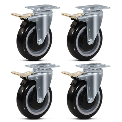5" Caster Set of 4, Heavy Duty Industrial Caster Wheels, Polyurethane Shopping Cart Wheels Replacement for Furniture Equipment (4 Total Lock Brake) - style: 4 Total Lock Brake