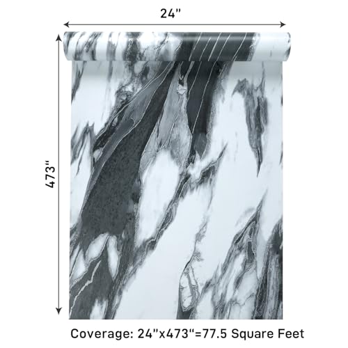 VaryPaper 24"x473" Black and White Marble Countertop Peel and Stick Wallpaper Marble Vinyl Wrap for Cabinets Table Furniture Waterproof Self Adhesive Removable Wall Paper for Bedroom Bathroom Kitchen - size: 24" x 473"