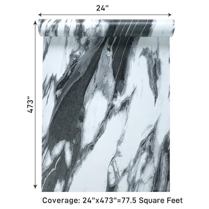 VaryPaper 24"x473" Black and White Marble Countertop Peel and Stick Wallpaper Marble Vinyl Wrap for Cabinets Table Furniture Waterproof Self Adhesive Removable Wall Paper for Bedroom Bathroom Kitchen - size: 24" x 473"
