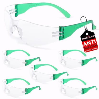BISON LIFE Clear/Green Safety Glasses for Men & Women, ANSI Z87.1, 6 Pack - color: Clear/Green