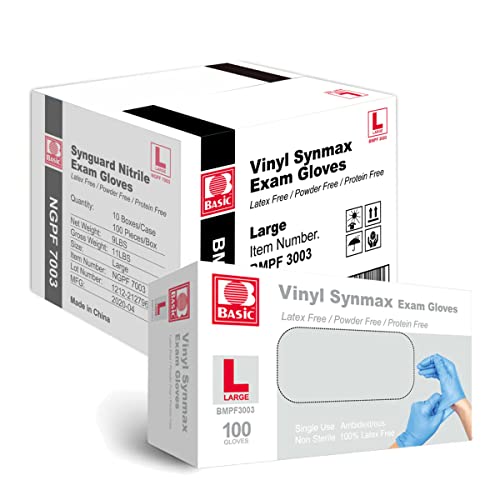 Basic Medical Synmax Vinyl Exam Gloves - Latex-Free & Powder-Free - Large, BMPF-3003(Case of 1,000) Blue - size: Large (Pack of 1000)
