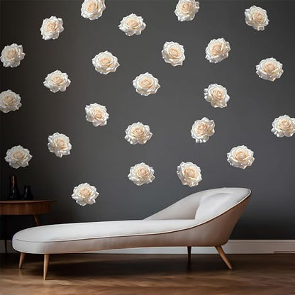 Watercolor Roses Wall Decals, 24 Large Easy Peel & Stick Roses Stickers, Premium Removable and Repositionable Floral Wall Art Fabric Stickers (White) - color: White