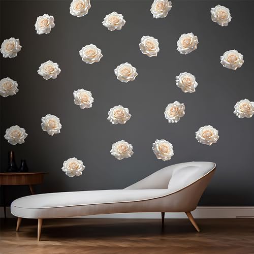 Watercolor Roses Wall Decals, 24 Large Easy Peel & Stick Roses Stickers, Premium Removable and Repositionable Floral Wall Art Fabric Stickers (White) - color: White