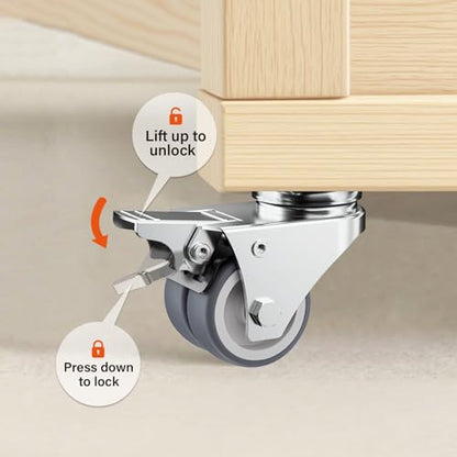 2" Double Wheel Casters with Brake (4 Pack) - color: Grey