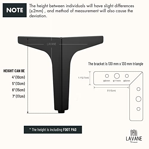 La Vane 5 Inch Diamond Triangle Metal Furniture Legs 4PCS- Heavy Duty Iron - color: Black, size: 5" / 13cm