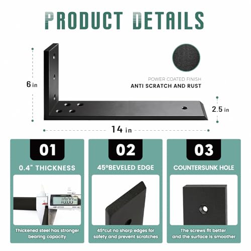 Countertop Support Brackets 2 Pack L Bracket Countertop Brackets 14" x 6" x 2.5" Heavy Duty 3/8" Thick Shelf Brackets Metal Corbels L Shape Bracket for Wood Shelf/Quartz/Granite/Concret Countertops - size: 14 Inch, style: Black-2 Pack