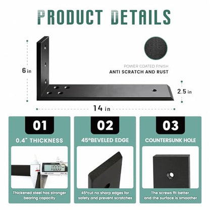 Countertop Support Brackets 2 Pack L Bracket Countertop Brackets 14" x 6" x 2.5" Heavy Duty 3/8" Thick Shelf Brackets Metal Corbels L Shape Bracket for Wood Shelf/Quartz/Granite/Concret Countertops - size: 14 Inch, style: Black-2 Pack