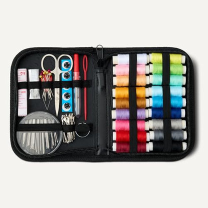 Amazon Basics Portable Travel Sewing Kit for Adults, Includes Threads, Needles, Scissors, Buttons, Thimbles, Measuring Tape, Threader, Seam Ripper and Safety Pins, Black