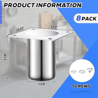 Zonon 8 Pack 3-1/8 Inch Total High Stainless Steel Leg Sockets Fits 1-5/8 Inch Tubing with 3-1/2 in x 3-1/2 in Welded Mounting Plate for Work Tables Porch Railings Restaurants Workplaces