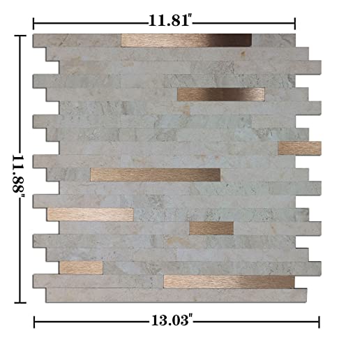 10-Sheet Peel and Stick Backsplash PVC Metal Tile，Self-Adhesive Stone Grain Wall Sticker Easy DIY Stick on Kitchen Bathroom Walls (10, Beige + Brushed Bronze) - color: Beige + Brushed Bronze