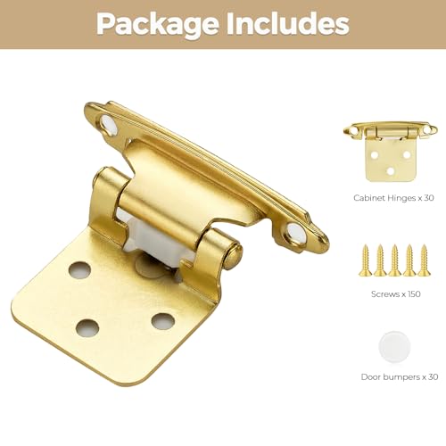 30 Pack 15 Pair Gold Cabinet Hinges, 1/2" Overlay Semi-Concealed Hinges - color: Gold, size: 1/2" Overlay