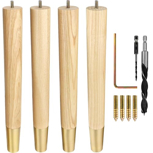 Airy Abode Premium Ash Wood Furniture Legs with Gold Caps (Full Install Kit) - Pick Your Size and Color - color: Ash / Gold, size: 16 Inches