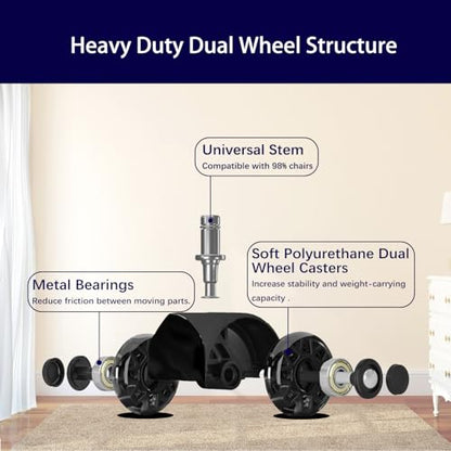 Hirate 3 inch Office Furniture Casters 7/16 inch Stem Dual Rubber Wheel - color: Black, size: 3 inch