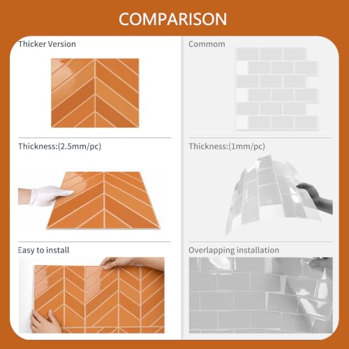 10 Sheets Thicker Herringbone Peel and Stick Backsplash(Orange,12.6”x9.9”) - color: Orange