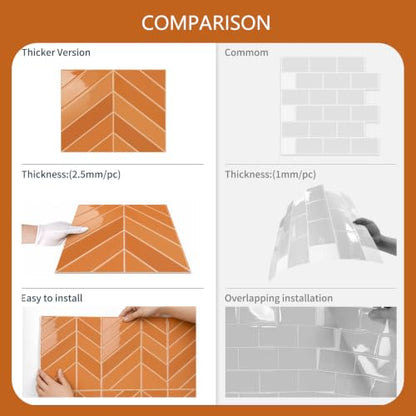 10 Sheets Thicker Herringbone Peel and Stick Backsplash(Orange,12.6”x9.9”) - color: Orange
