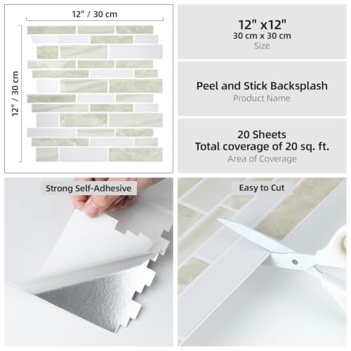 Vieshful Marble Peel and Stick Backsplash, 12 x 12 in, 20 Sheets - color: Warm Light Grey Marble, size: 20 Sheets