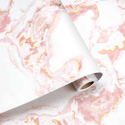 15.7x317 Marble Peel and Stick Wallpaper Pink Contact Paper Marble Pink White and Gold Wallpaper Renter Friendly Vinyl Countertop Wrap for Kitchen Cabinets Doors Desk Waterproof Removable