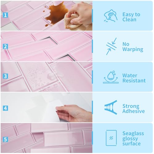 Art3d Seaglass Subway Tile Design Peel and Stick Backsplash, 10-Pack, Pink - color: Pink