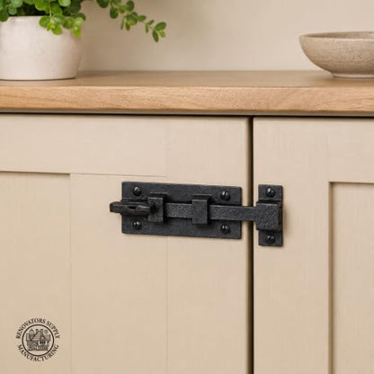 Renovators Supply Manufacturing Black Slide Bolt Door Latch 3 7/8 in. Long Wrought Iron Metal Surface Sliding Bolts with Catch for Cabinet Doors Rust Resistant Security Locks with Hardware Pack of 2 - size: Pack of 2, style: 3.88 inch - Curled Tail