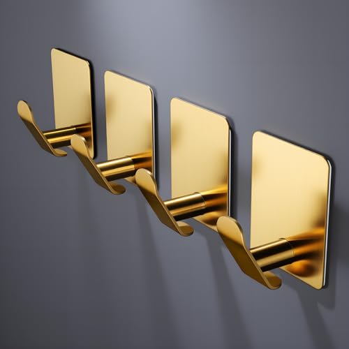 DELITON Adhesive Hooks - 4 Pack Gold Towel Hooks for Hanging Coat/Robe, Heavy Duty Stick on Wall for Bathroom and Kitchen - color: Gold