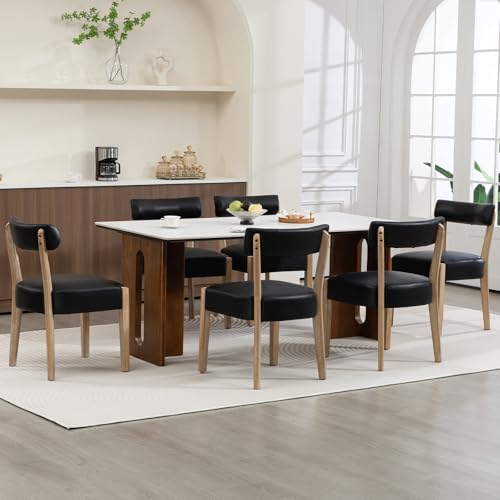 ZJhome Modern Dining Chairs Set of 6 – Mid-Century Modern Faux Leather Upholstered Kitchen & Dining Room Chairs with Curved Back, Oversized Rounded Seat, Sturdy Wood Frame, Black - color: Black Leather, size: Set of 6