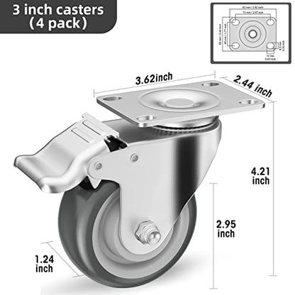 3" Swivel Plate Casters with Brake - Set of 4 - color: Grey, size: 3 inch