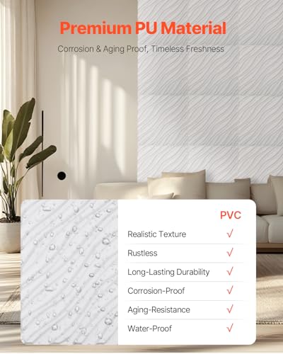 VEVOR 3D Wall Panels, 12-Pack 19.7 x 19.7 in PVC Modern Art Minimalist Wave Tiles, 32 Sq.Ft Coverage Accent Wall Panel, Interior Home Decor for Bedroom, Living & Gaming Room, Matte White