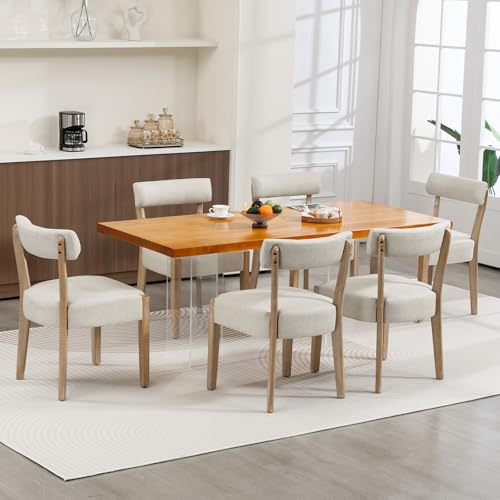 ZJhome Modern Dining Chairs Set of 6 – Mid-Century Modern Faux Leather Upholstered Kitchen & Dining Room Chairs with Curved Back, Oversized Rounded Seat, Sturdy Wood Frame, Beige - color: Beige Leather, size: Set of 6