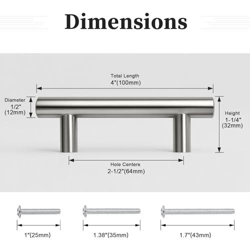 Gobrico 10 Pack 2-1/2" (64mm) Hole Center Cabinet Handles, Brushed Nickel Cabinet Pulls, Satin Nickel Stainless Steel Drawer Pulls, 4" Overall Length - color: Brushed Nickel, size: 2-1/2 Inch Hole Center