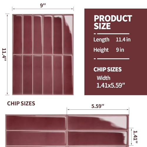 Peel and Stick Backsplash 3D Wall Tiles,Self-Adhesive,Oil Proof,Waterproof, Removable Wall Panels for Kitchen & Bathroom,Modern Design, Easy Install (10.7ft，12x9 inch,14 Pack) (Red) - color: Red