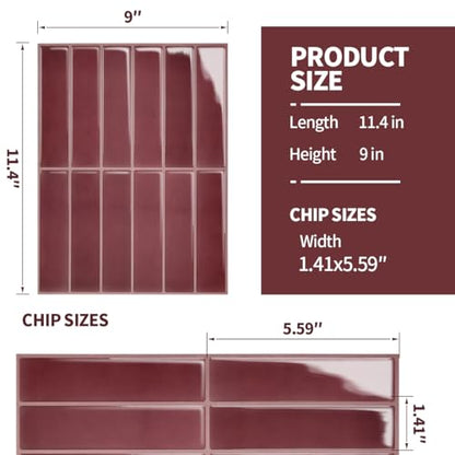 Peel and Stick Backsplash 3D Wall Tiles,Self-Adhesive,Oil Proof,Waterproof, Removable Wall Panels for Kitchen & Bathroom,Modern Design, Easy Install (10.7ft，12x9 inch,14 Pack) (Red) - color: Red