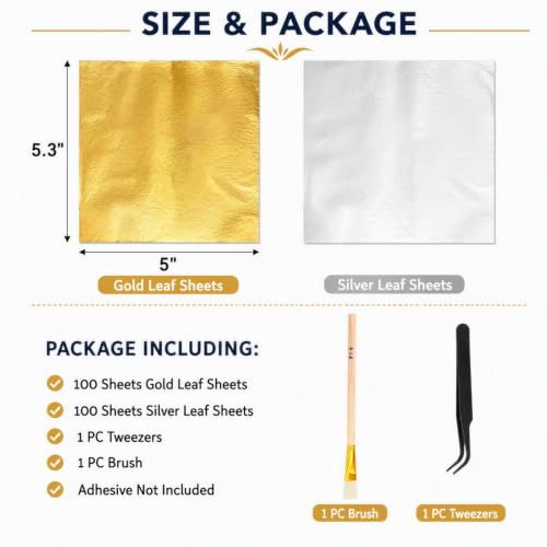 Dicunoy 200 PCS Gold Leaf Sheets, 5" Foil Sheets for Art DIY Crafts Silver