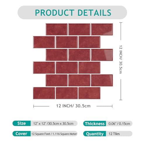 VEELIKE 12 Sheet Retro Red Peel and Stick Backsplash for Kitchen Subway Tile Backsplash Peel and Stick for Kitchen Wall Bathroom Waterproof Removable Red Ceramic Tile Sticker for Backsplash 12''x12'' - size: Box of 12 Tiles