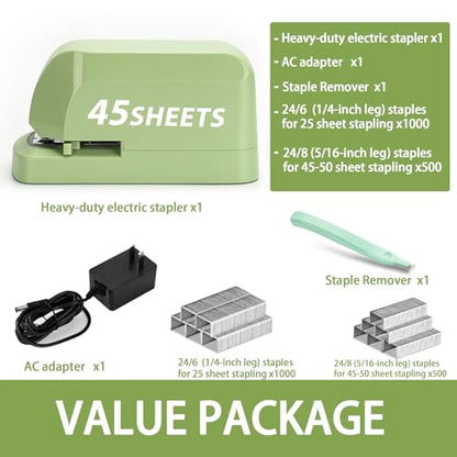 Heavy Duty Electric Stapler Value Pack, 45 Sheet Capacity, Includes 1500 Staples & Staple Remover, No-Jam, Faster Stapling, Automatic Stapler Desktop,AC Adapter Powered (Saga Green) - color: Saga Green